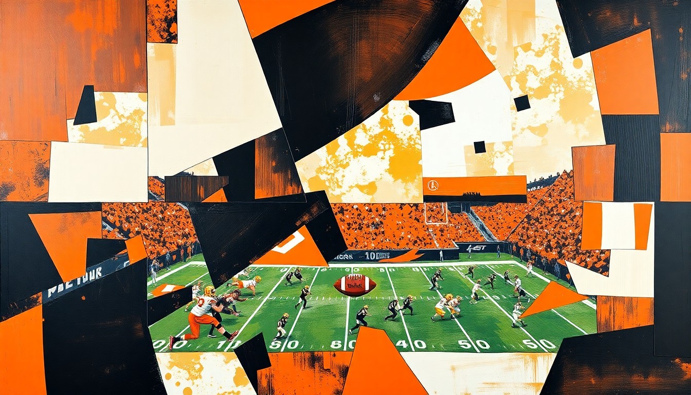 A fragmented, geometric painting in orange and black hues depicting the motion and energy of a football game or practice, with no identifiable players or logos.