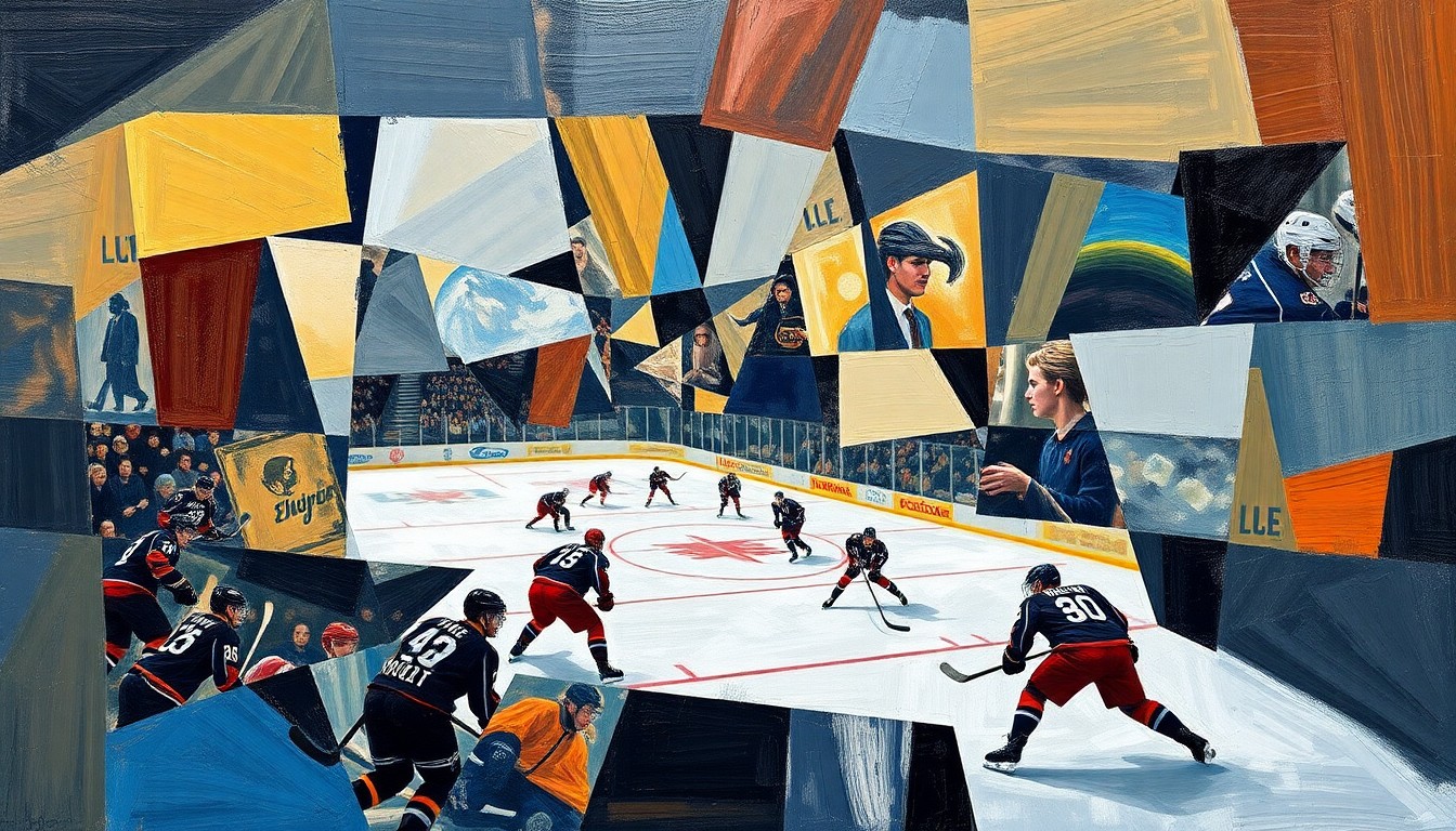A cubist-style painting depicting a hockey game or match, with the players and action broken down into sharp, overlapping geometric shapes and planes in a variety of colors, capturing the dynamic energy of the sport.