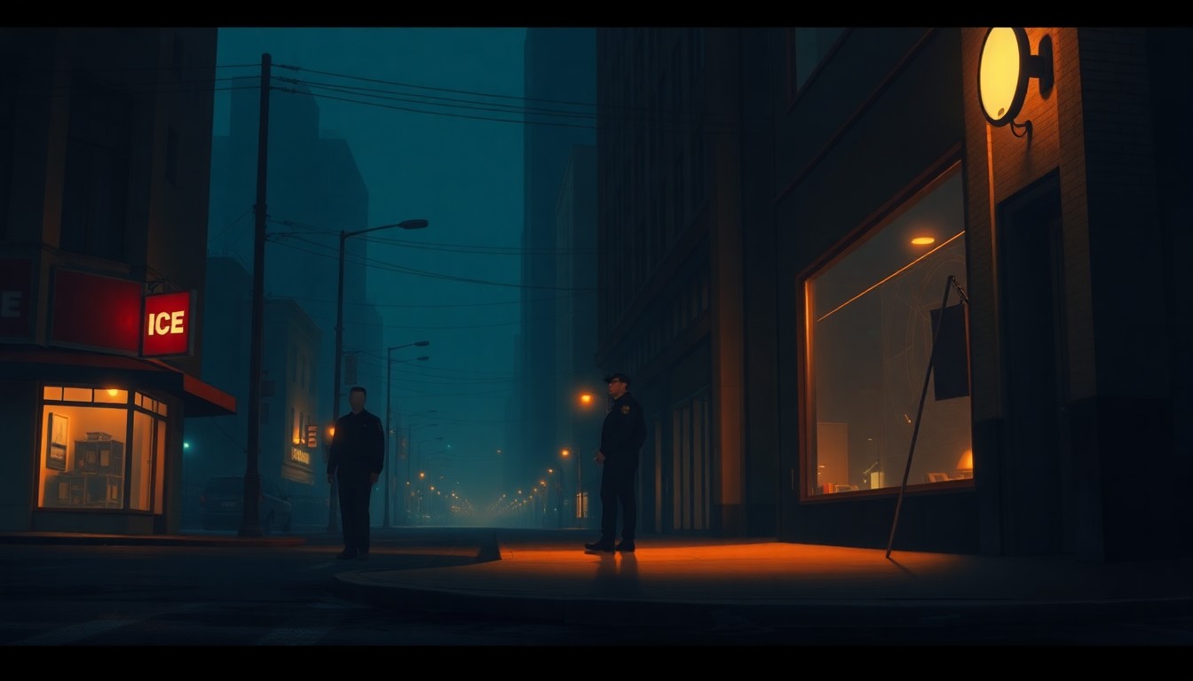 A cinematic painting of a lone ICE agent standing on a dimly lit city street corner, the agent's face obscured in shadow while warm diagonal sunlight bathes the scene, creating a sense of quiet contemplation and unease about the subject matter.