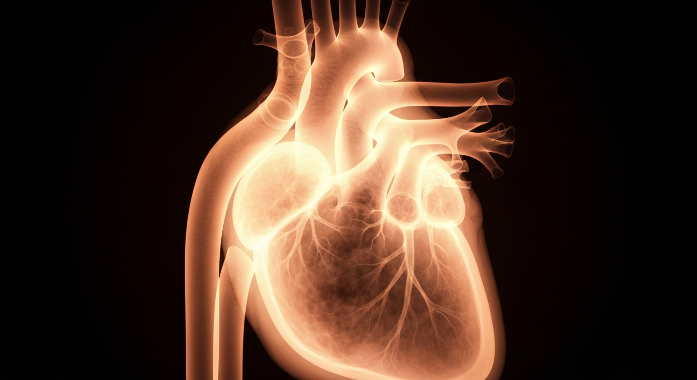 An extreme close-up X-ray photograph revealing the intricate internal structure of a human heart, glowing against a dark background, conceptually representing the precision and advanced diagnostics that power 10X Health's personalized health solutions.