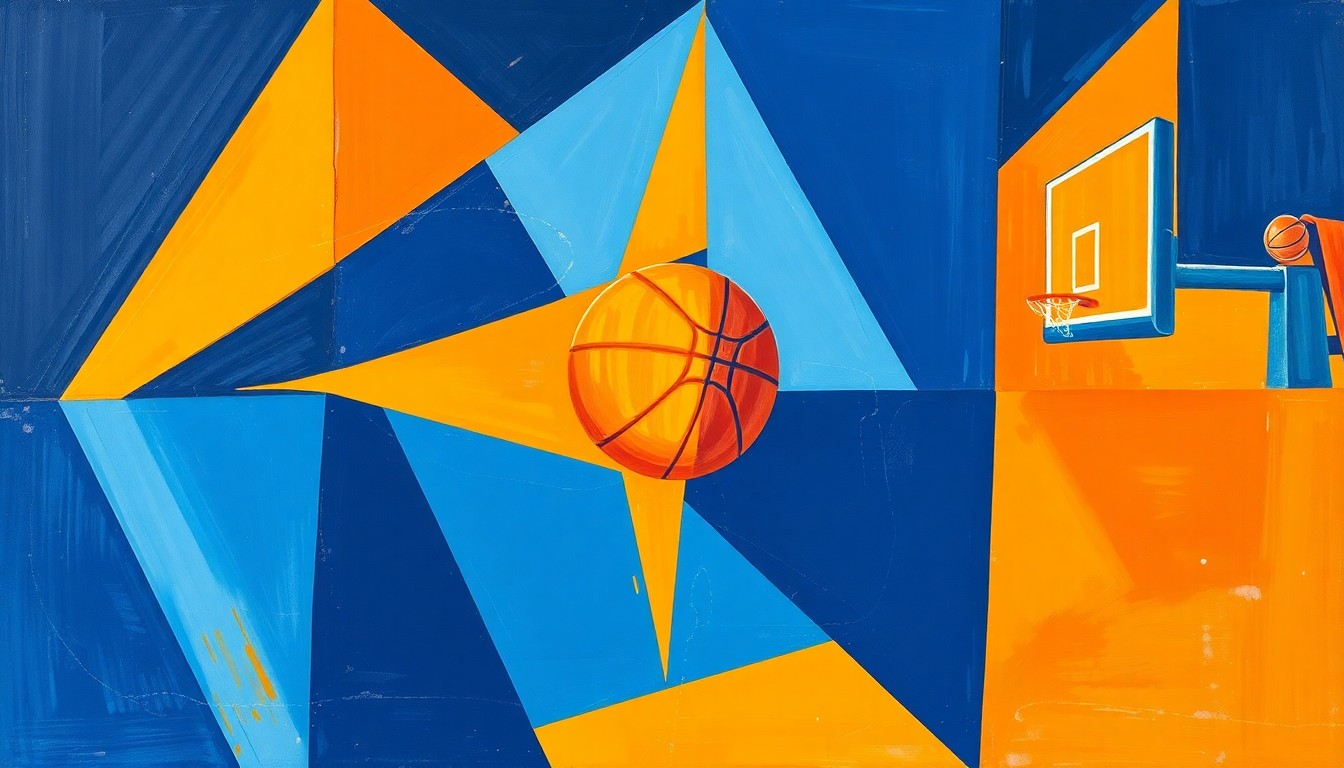 A cubist, geometric painting depicting a fragmented basketball game, with sharp planes of navy blue, powder blue, and bright orange overlapping to create a dynamic, abstract composition.
