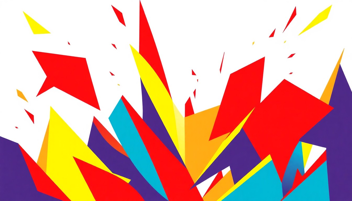 An abstract, minimalist illustration featuring bold, angular shapes in bright primary colors, conveying the high-energy atmosphere of a live music festival.