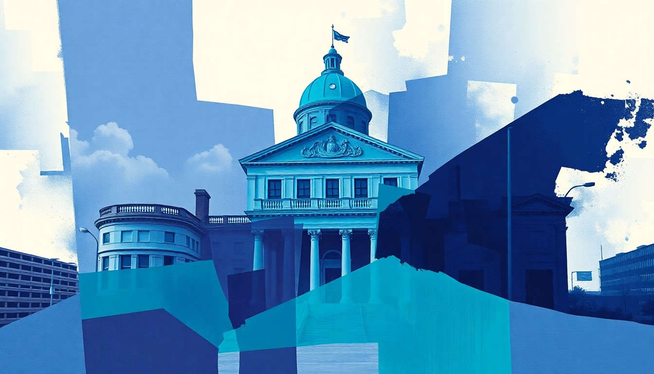 A dynamic, fragmented painting of a government building in shades of blue and violet, conveying a sense of unrest and uncertainty around budget decisions.