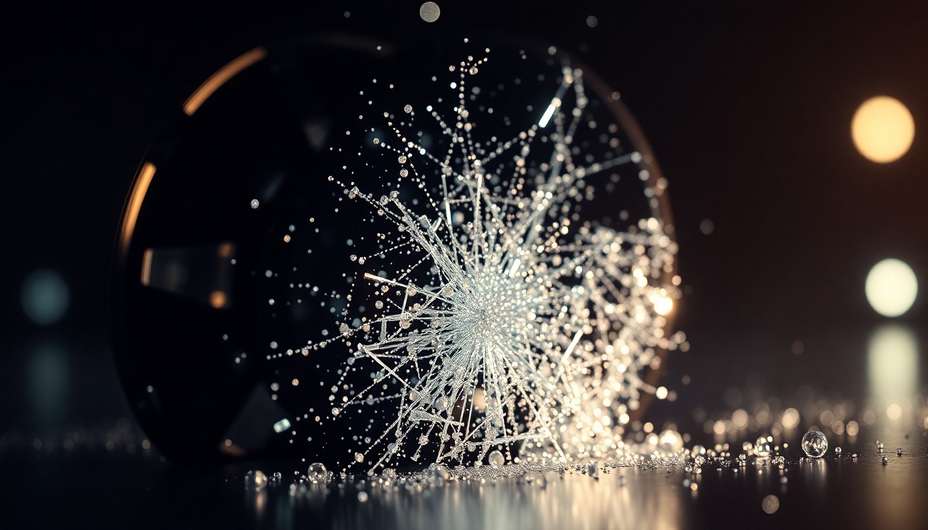 An extreme close-up of shattered glass reflecting dramatic studio lighting, conceptually representing the technical and ethical complexities of using AI to recreate a deceased actor's performance.