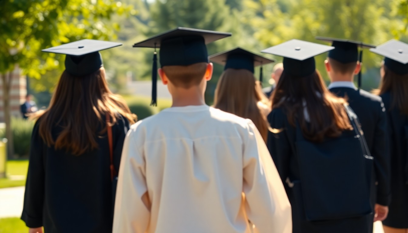 An abstract, impressionistic photograph of blurred high school graduates walking together, conveying a sense of optimism and possibility for their futures.