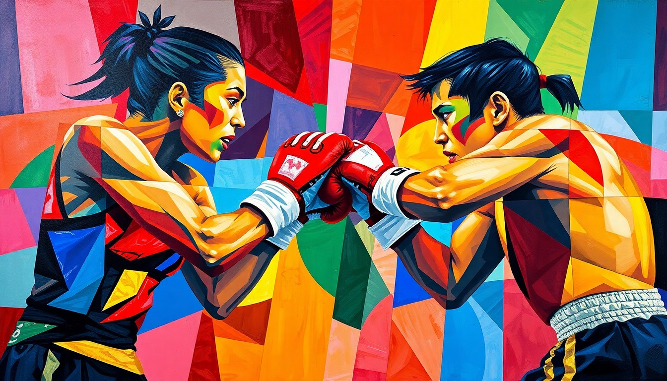 A fractured, geometric painting depicting the dynamic movements and intense action of a boxing match, with sharp planes of bright colors and shapes representing the two fighters.