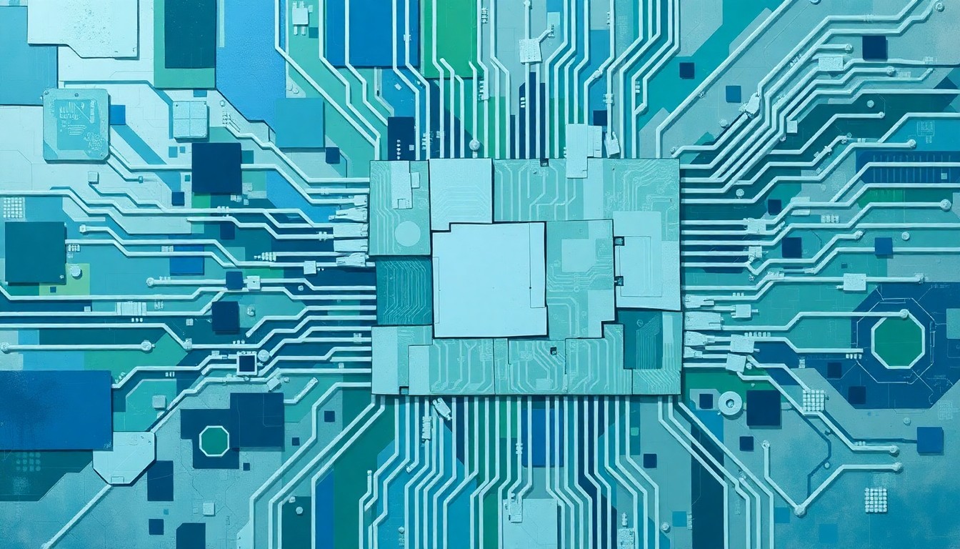 A vibrant, abstract painting featuring overlapping geometric shapes and lines in shades of blue, green, and gray, conveying a sense of rapid technological change and innovation.