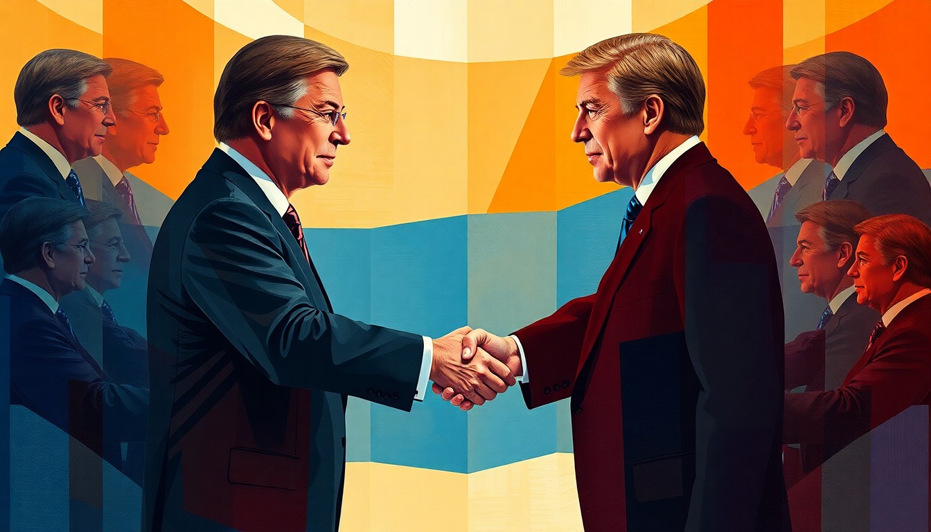 A dynamic, abstract painting featuring overlapping, fractured figures of two politicians shaking hands, conveying the energy and tension of the political process.