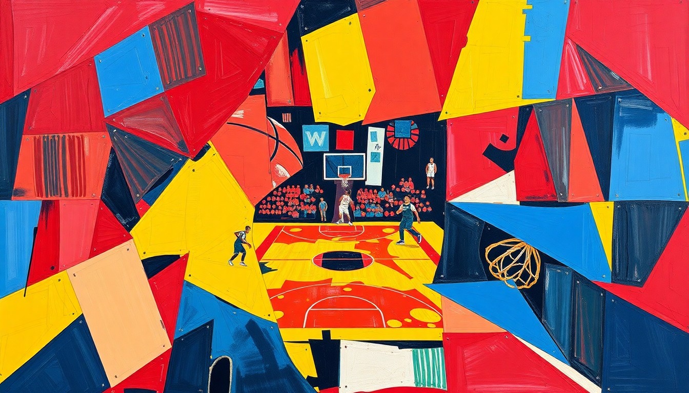 A fractured, cubist-style painting depicting the dynamic movements and energy of a basketball game, with overlapping geometric shapes and planes in a vibrant color palette conceptually representing the addition of a skilled big man to Arkansas' roster.