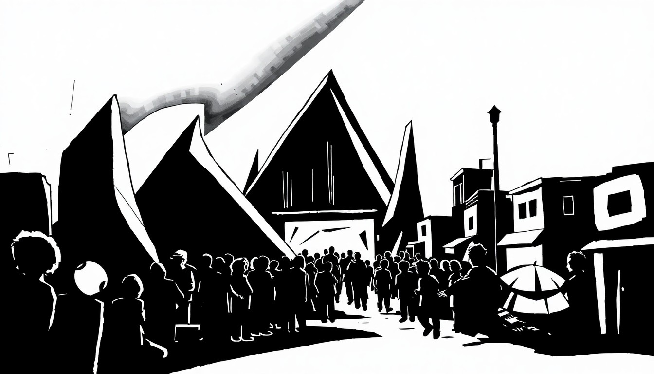 A striking black and white abstract composition of sharp, angular shapes, conceptually representing the ongoing conflict between a nightlife venue and its surrounding residential area.