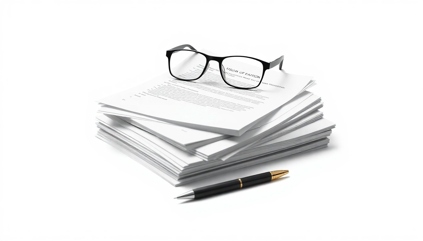 A high-end, photorealistic studio still-life featuring a stack of legal documents, a pair of reading glasses, and a pen on a clean, monochromatic background, symbolizing the analytical rigor and independence that Hilco Global brings to its advisory work.