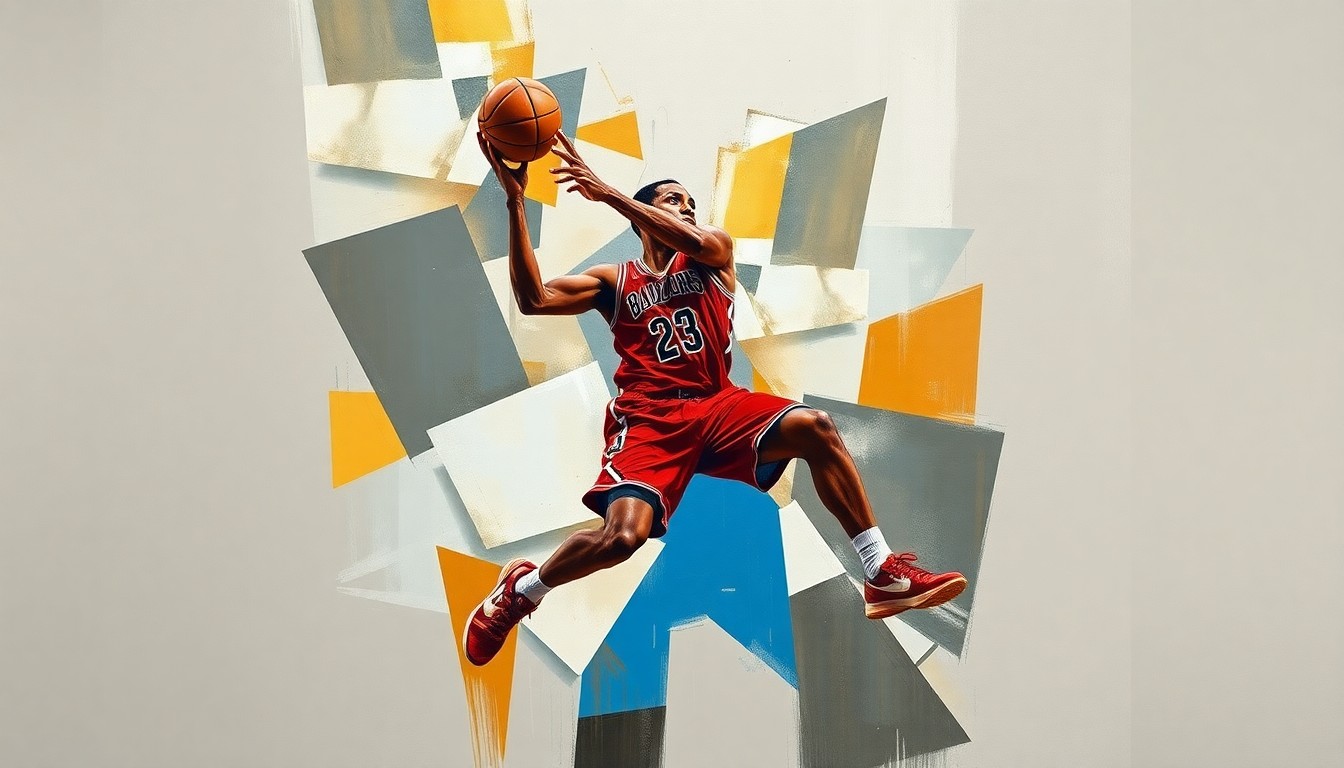 A fragmented, geometric painting depicting the basketball movements and skills of Acaden Lewis, the new transfer addition to the Miami Hurricanes, with sharp, overlapping shapes and planes representing his scoring, passing, and defensive impact.