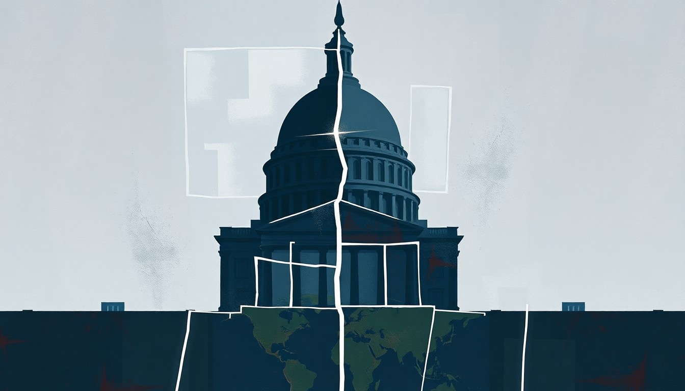 A dynamic, fragmented painting in shades of blue, grey, and red depicting the abstract outline of a government building, conveying the divisive political debate surrounding the renewal of the FISA surveillance law.