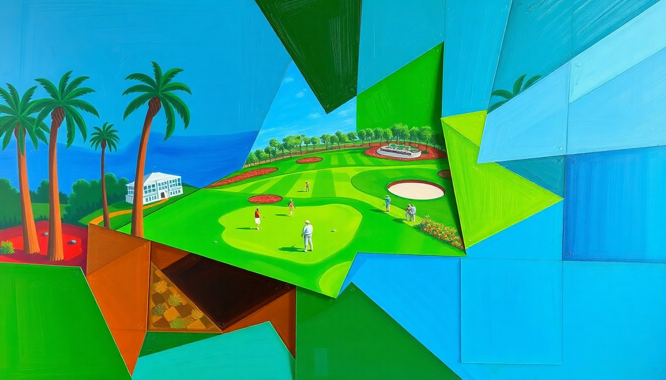 A cubist, geometric painting depicting a fragmented scene of a LIV Golf tournament, with overlapping planes of green fairways, blue skies, and red accents, conveying the league's disruptive impact on the sport.