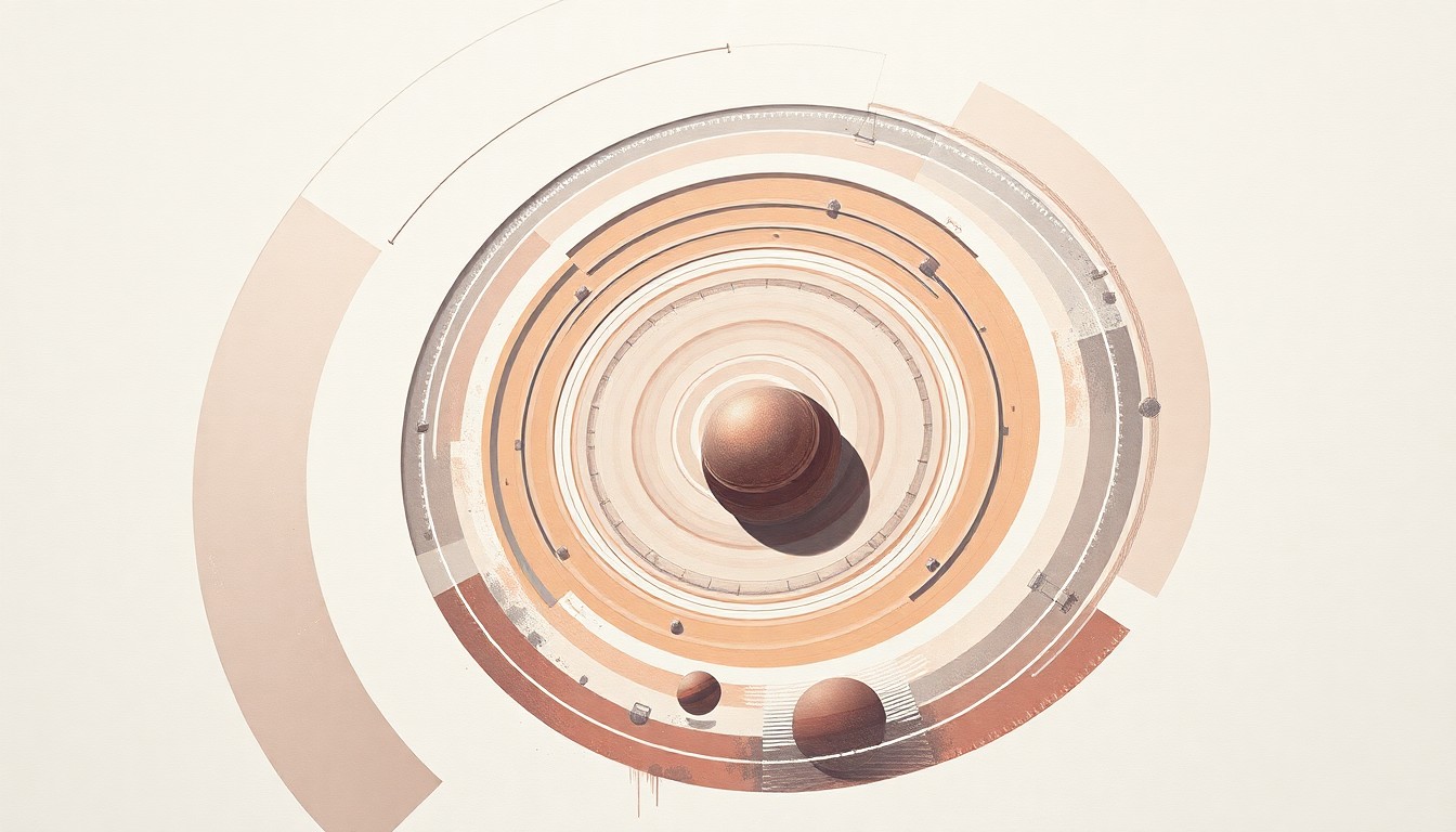 A highly structured abstract painting in soft, flat colors depicting sweeping geometric arcs, concentric planetary circles, and precise spirals, conceptually representing the complex future space environment the U.S. Space Force aims to navigate and control.