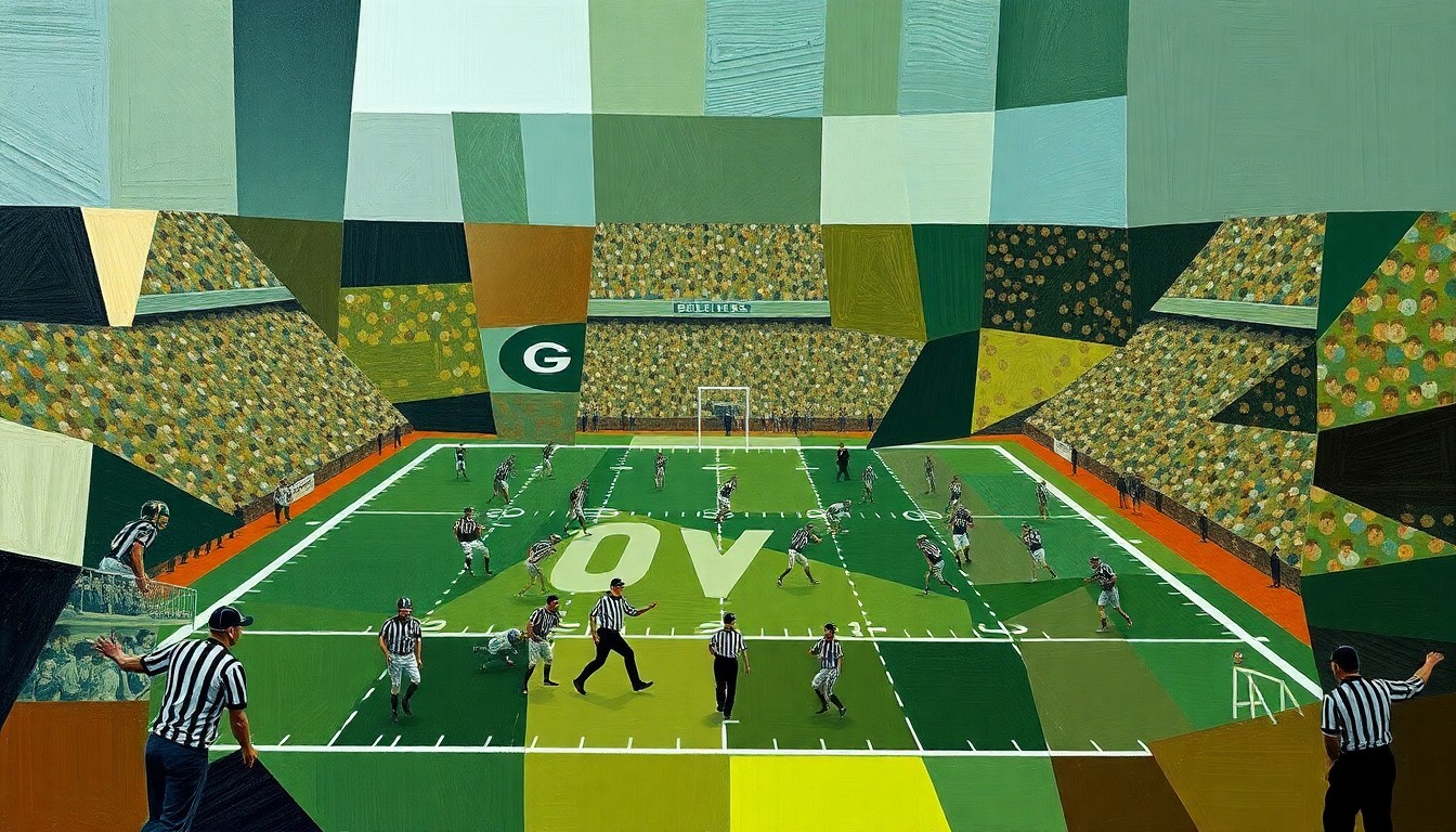 A cubist, geometric painting depicting a fragmented football field and players, with referees represented as abstract shapes, conveying the uncertainty and disruption surrounding the potential use of replacement officials.