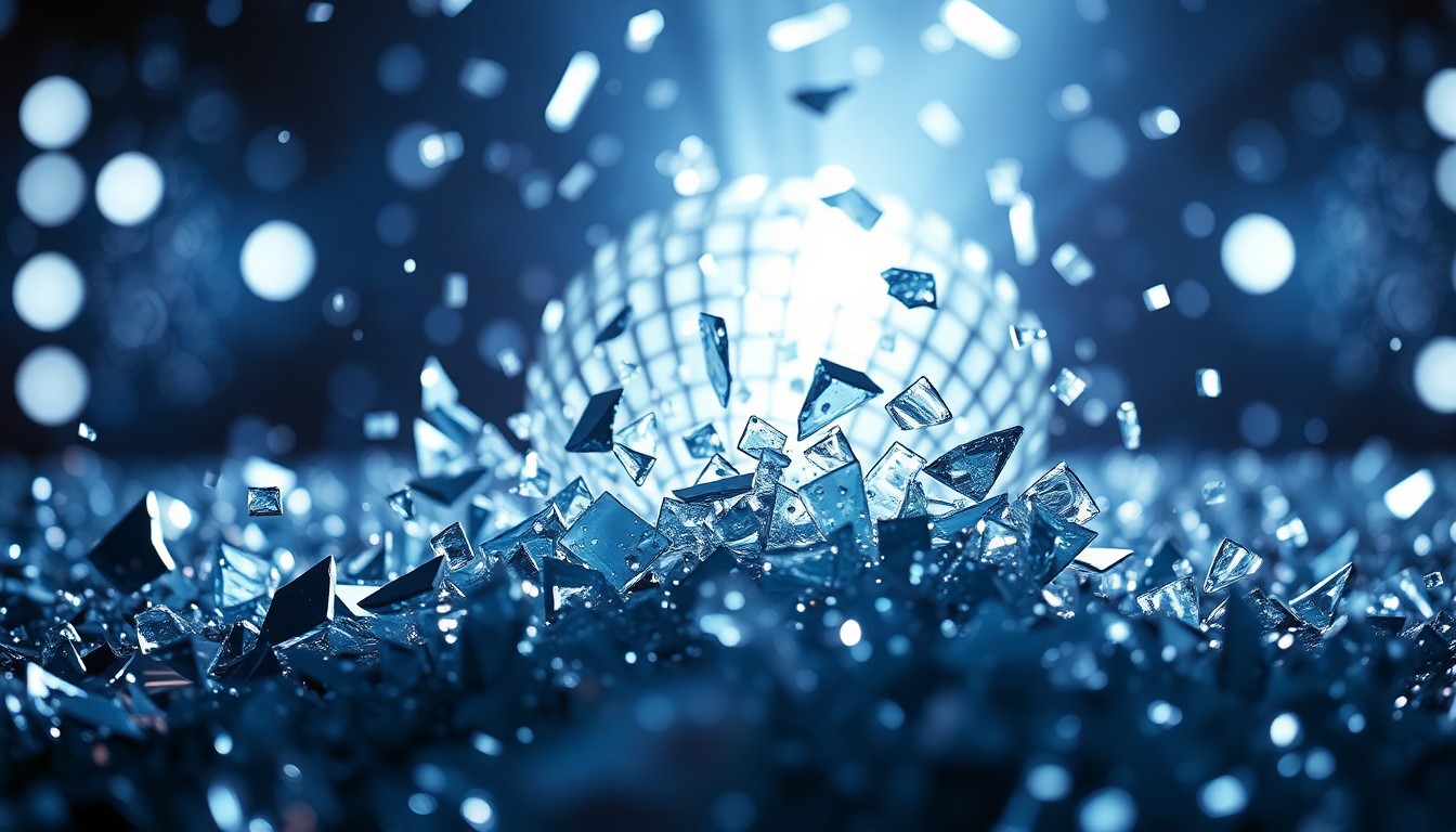 An abstract close-up image of shattered, glittering glass fragments in high-contrast studio lighting, evoking the glamour and spectacle of celebrity culture.