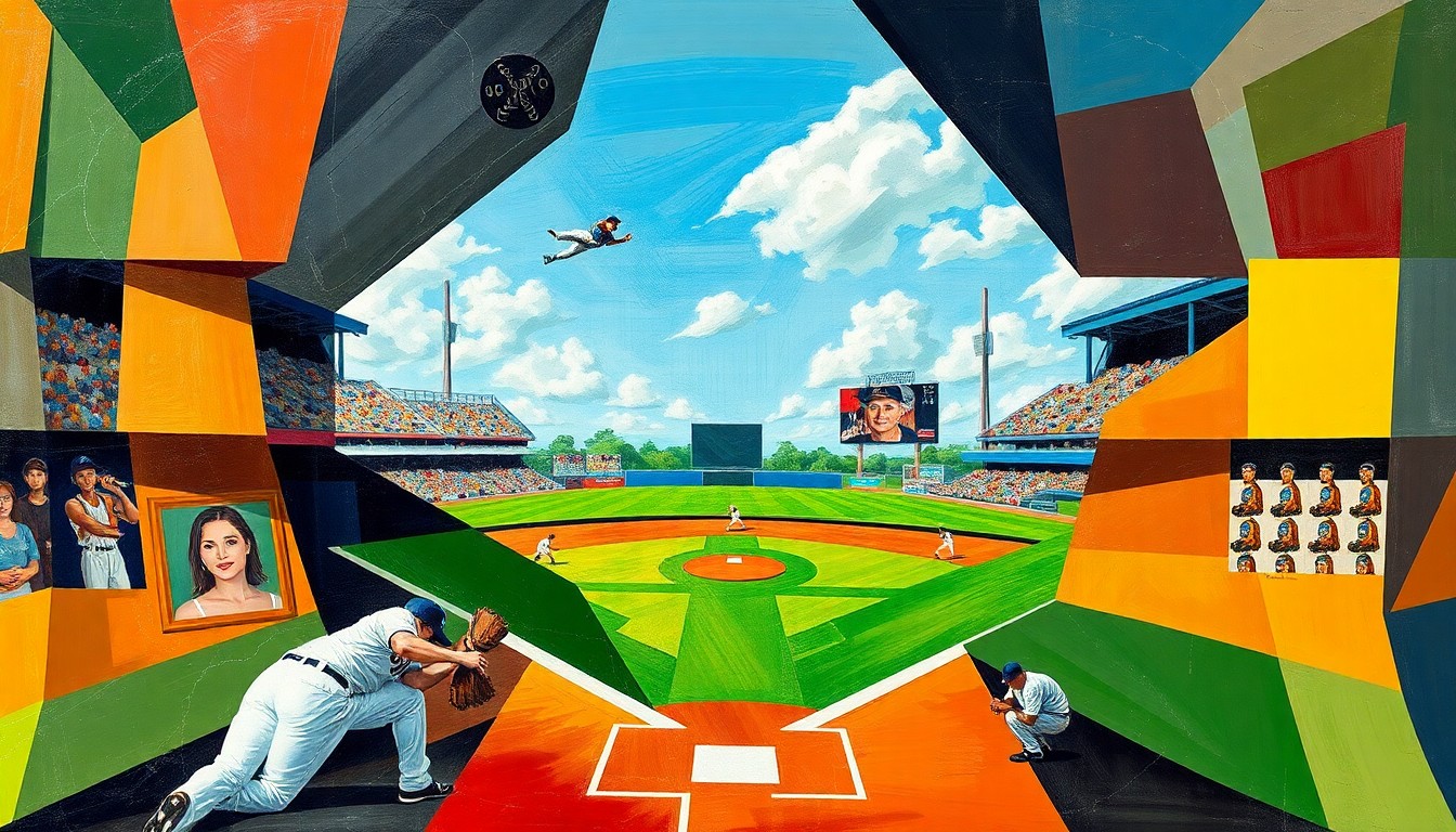 A fragmented, geometric painting depicting various perspectives of a softball game, with players and the field broken down into sharp, overlapping shapes and planes in a cubist style.