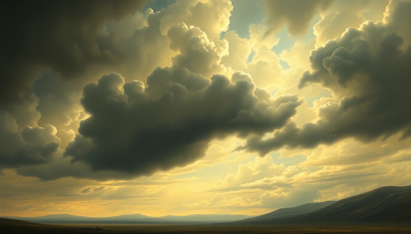 A sweeping, atmospheric landscape painting in muted tones of gray, blue, and green, depicting a vast, stormy sky with ominous clouds looming over a distant, silhouetted horizon, conveying a sense of the overwhelming power and scale of nature.