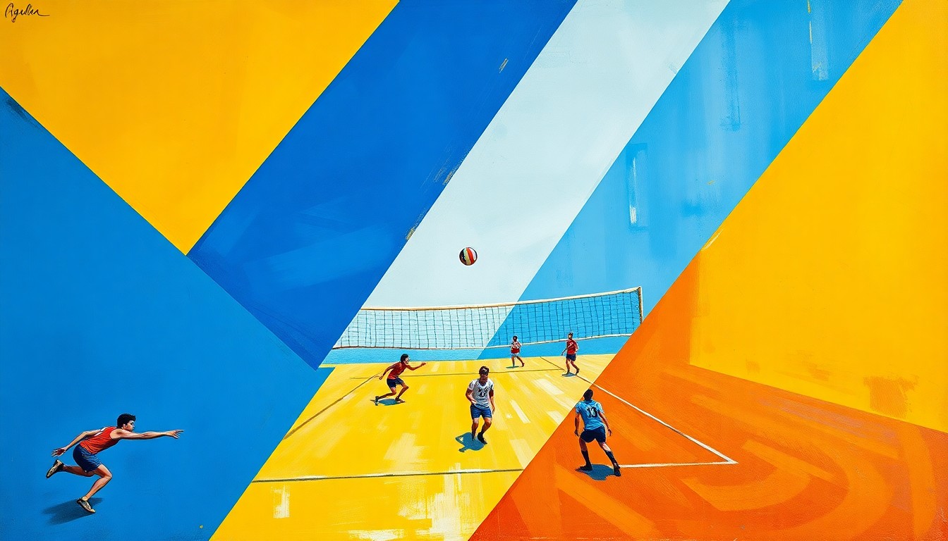 A cubist, fractured painting depicting a volleyball game, with sharp, overlapping geometric shapes in vibrant colors like blue, yellow, and red, conveying the dynamic action of the sport.