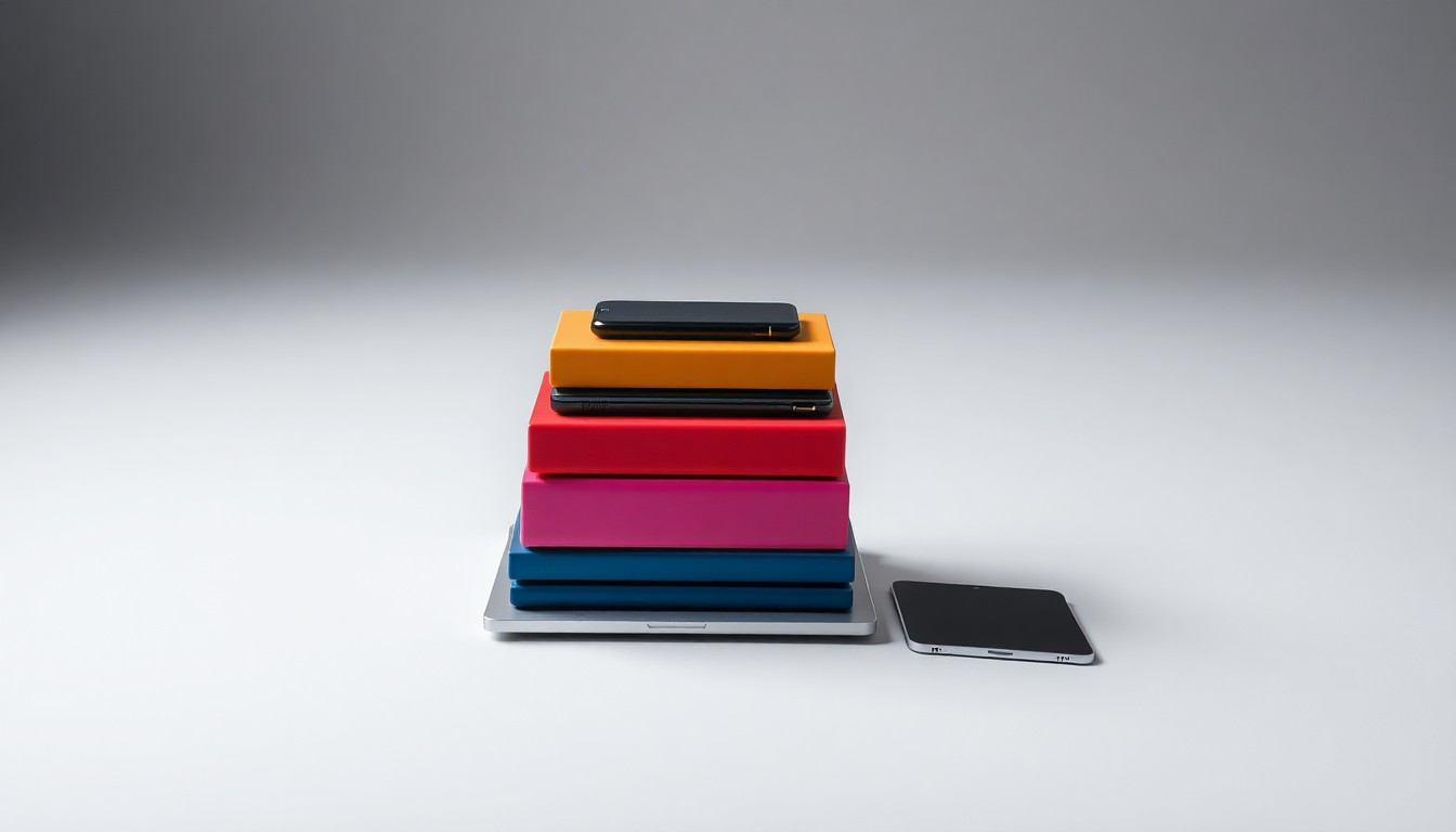 A high-end, photorealistic studio still-life photograph featuring a stack of colorful consumer electronics products arranged elegantly on a clean, monochromatic background, symbolizing the abstract corporate strategies and data practices behind personalized pricing.