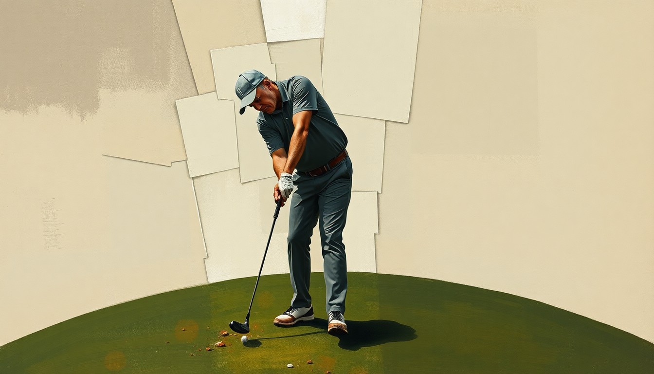 A fragmented, geometric painting depicting a golfer in the act of angrily slamming his club into the ground on a golf course, the scene broken down into sharp, overlapping planes of muted earth tones.