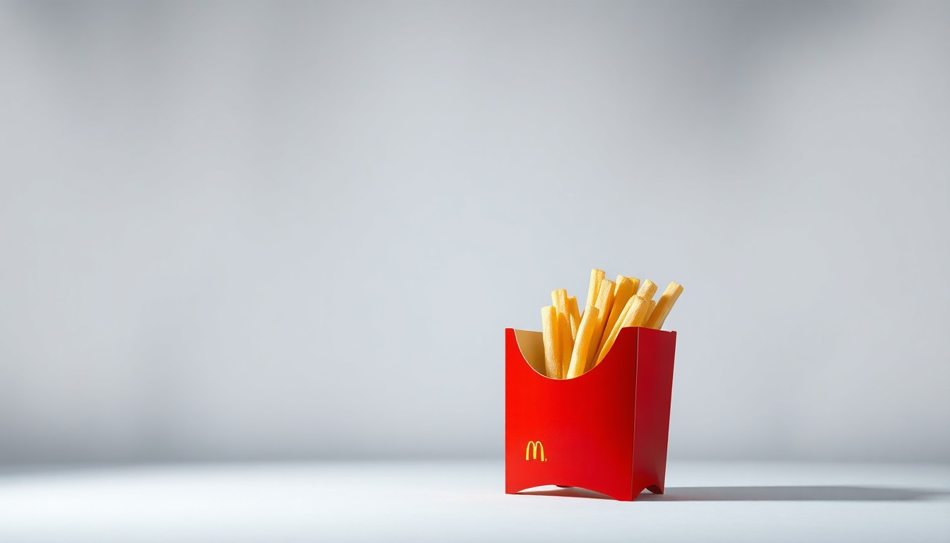 A photorealistic studio still life of a single golden-arched McDonald's french fry container sitting alone on a clean, white background, with dramatic shadows highlighting the container's form.