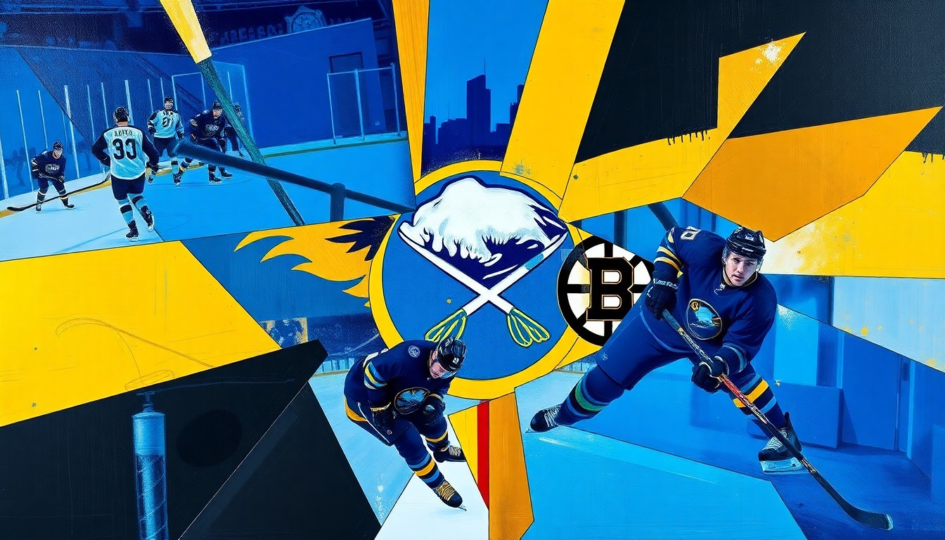 A fragmented, cubist-style painting depicting a hockey game between the Buffalo Sabres and Boston Bruins, with sharp geometric shapes and planes of blue, gold, and black capturing the intensity of the playoff matchup.