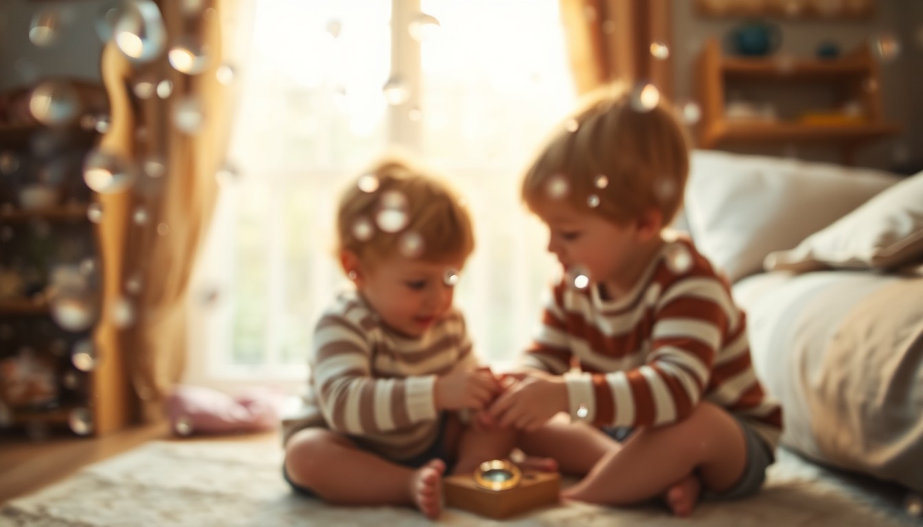 An extremely abstracted, out-of-focus photograph depicting a warm, soft-focus scene of two young children playing together in a cozy, domestic setting, conveying a sense of intimacy and the special connection between siblings.
