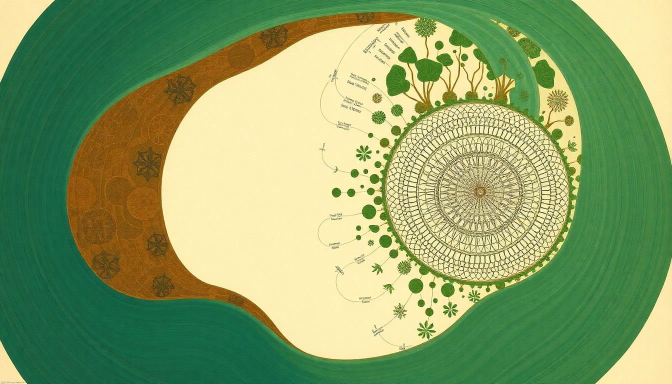 A bold, geometric abstract painting in muted earth tones, featuring sweeping arcs, concentric circles, and precise botanical spirals, conceptually illustrating the complex, interconnected systems of the Everglades ecosystem.