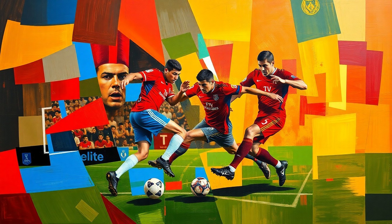 A fragmented, geometric painting depicting a soccer player in motion, with sharp planes of color and overlapping perspectives, conveying the dynamic nature of the sport.