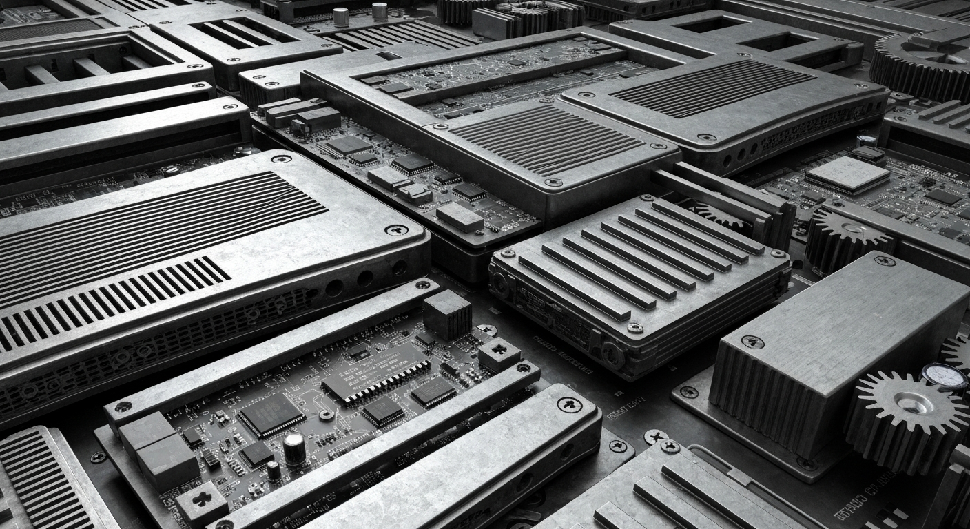 An extreme close-up of intricate banking and financial machinery, including computer servers, circuit boards, and metal gears, all heavily textured and dramatically lit in shades of steel gray, charcoal, and gunmetal, conceptually representing the complex financial infrastructure behind biopharmaceutical innovation funding.