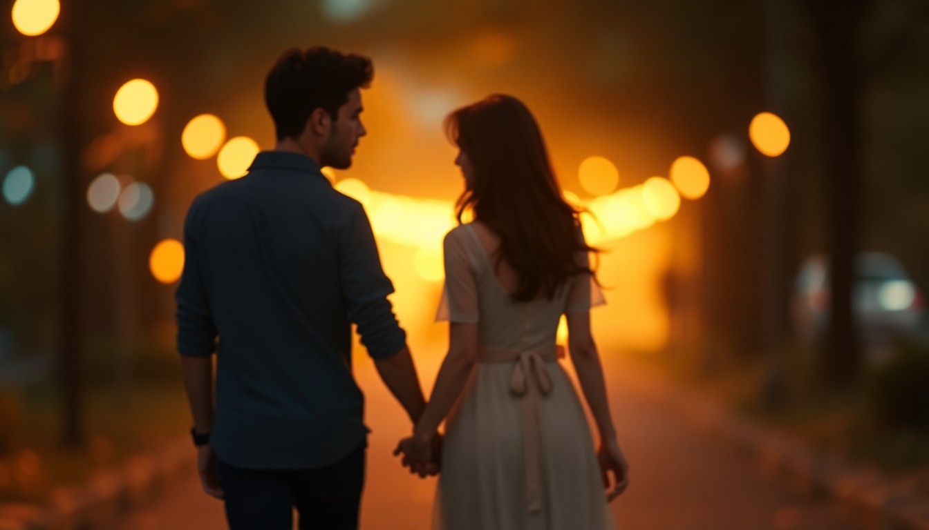 A softly blurred, intimate scene of a couple holding hands and walking together, with the background out of focus in a warm, glowing light wash, conceptually representing the power of a faithful marriage to inspire others.