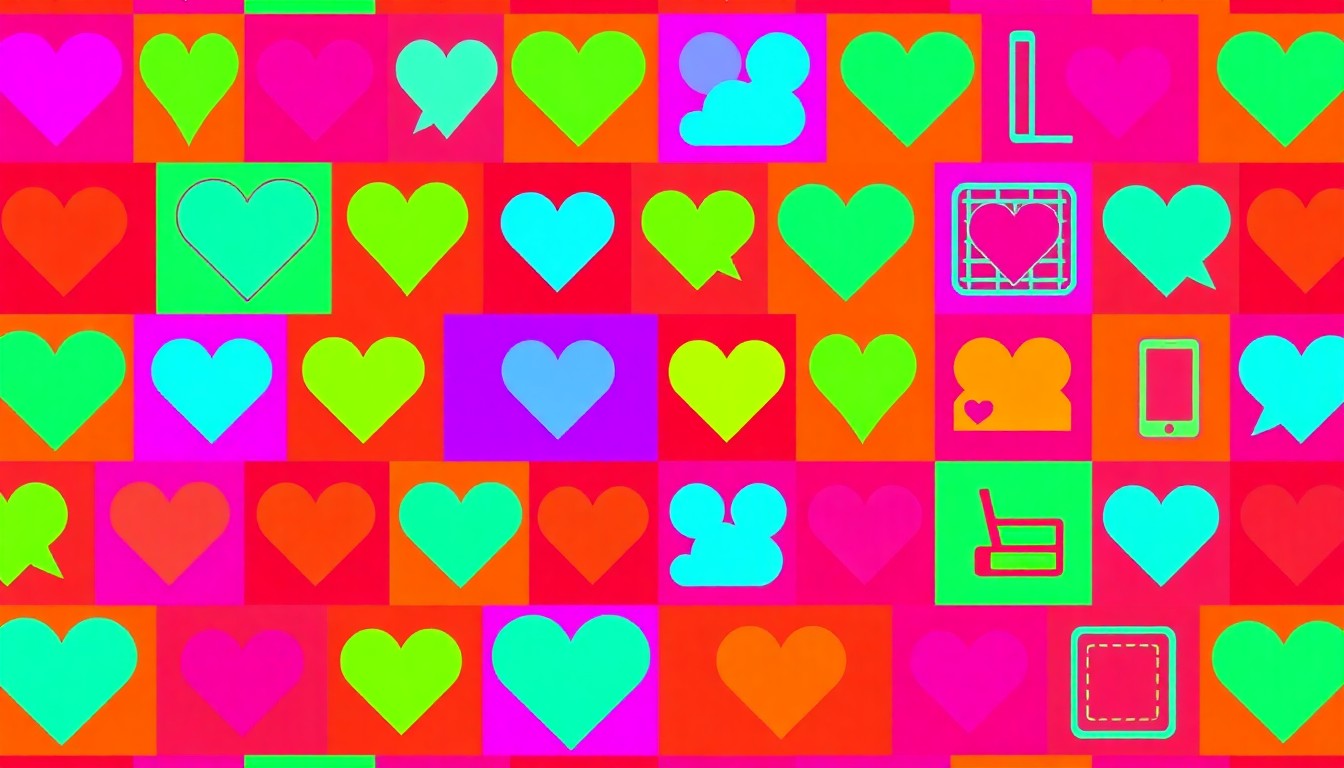 A brightly colored, high-contrast silkscreen print of a single, iconic dating app icon repeated in a tight grid pattern, capturing the modern dating experience through a pop art lens.