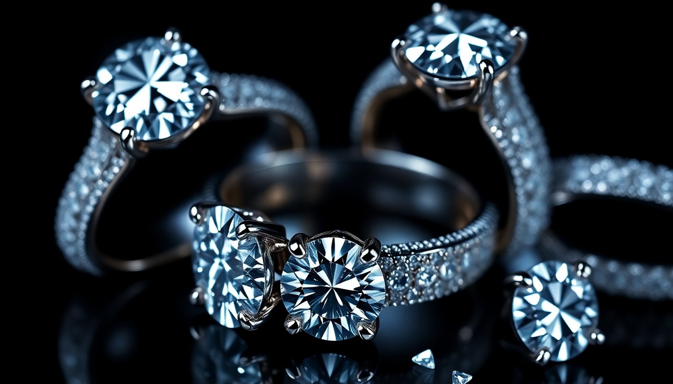 An extreme close-up of a diamond engagement ring set against a dramatic, high-contrast studio lighting, capturing the luxurious textures and glamour of celebrity relationships.