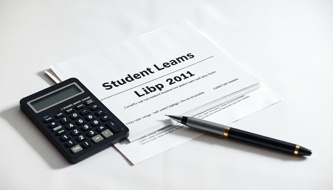 A minimalist studio still life photograph featuring a stack of student loan documents, a calculator, and a pen arranged elegantly on a clean, white background, conceptually representing the complex challenges and strategic decisions facing the student lending industry.