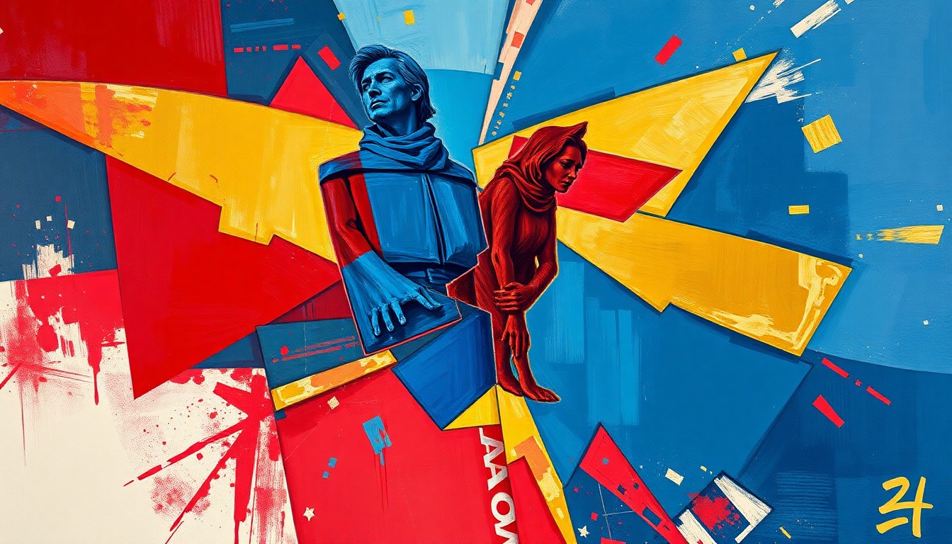 A dynamic, abstract painting in shades of blue, red, and gold featuring overlapping, fractured geometric shapes and forms, conveying a sense of motion, energy, and internal tension within the Democratic Party.