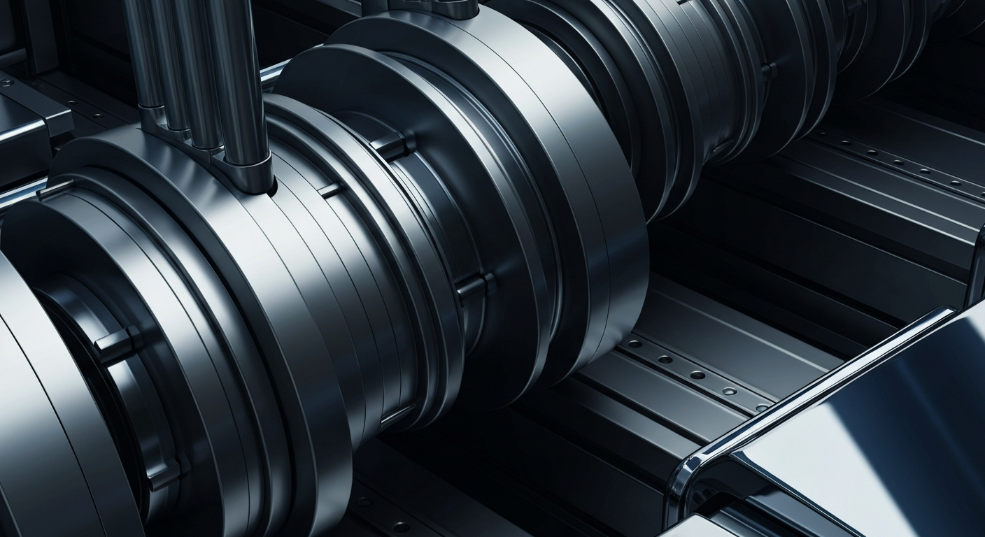 A cinematic close-up of intricate, industrial banking machinery in shades of grey, chrome, and blue, conveying a sense of institutional financial power and security.