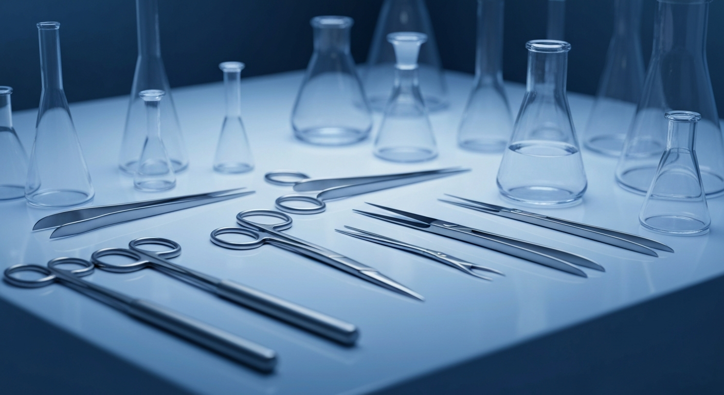 An extreme close-up of various metal medical instruments and laboratory equipment, conveying the complex, high-tech nature of the biotech industry without using any text or identifiable branding.