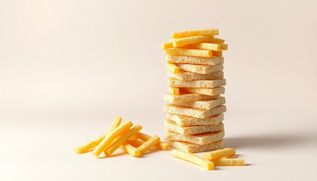 A high-end, photorealistic studio still-life photograph featuring a stack of frozen potato products arranged elegantly on a clean, monochromatic background, conceptually representing the financial performance and market positioning of the Lamb Weston company.