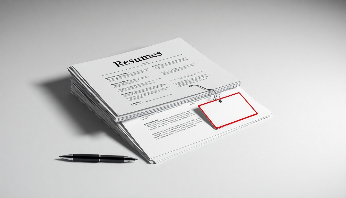 A minimalist studio still life featuring a stack of neatly organized resumes, a pen, and a name tag on a clean, monochromatic background, conceptually representing the job search and hiring process.