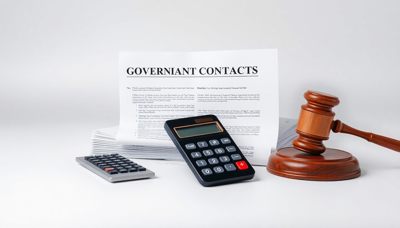 A high-end, photorealistic studio still-life photograph featuring a stack of government contracts, a calculator, and a gavel on a clean, monochromatic background, symbolizing the abstract concepts of corporate strategy, finance, and legal risk in the government contracting industry.