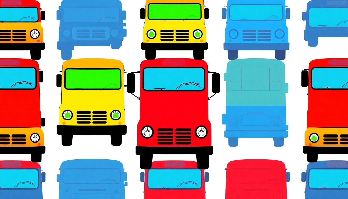 A highly stylized, abstract grid of brightly colored school bus icons in neon shades of blue, green, and orange, conceptually representing the importance of safe and efficient student transportation.