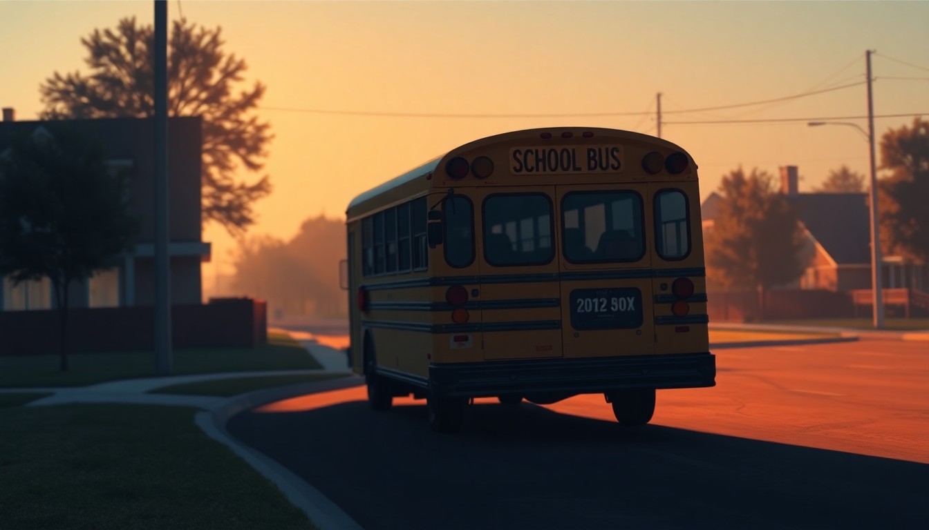 A serene, nostalgic painting of a yellow school bus parked on a quiet suburban street, the bus's reflection visible in a puddle on the asphalt. The scene is bathed in warm, golden light and deep shadows, capturing a sense of contemplation and the weight of the political debate surrounding education policy.