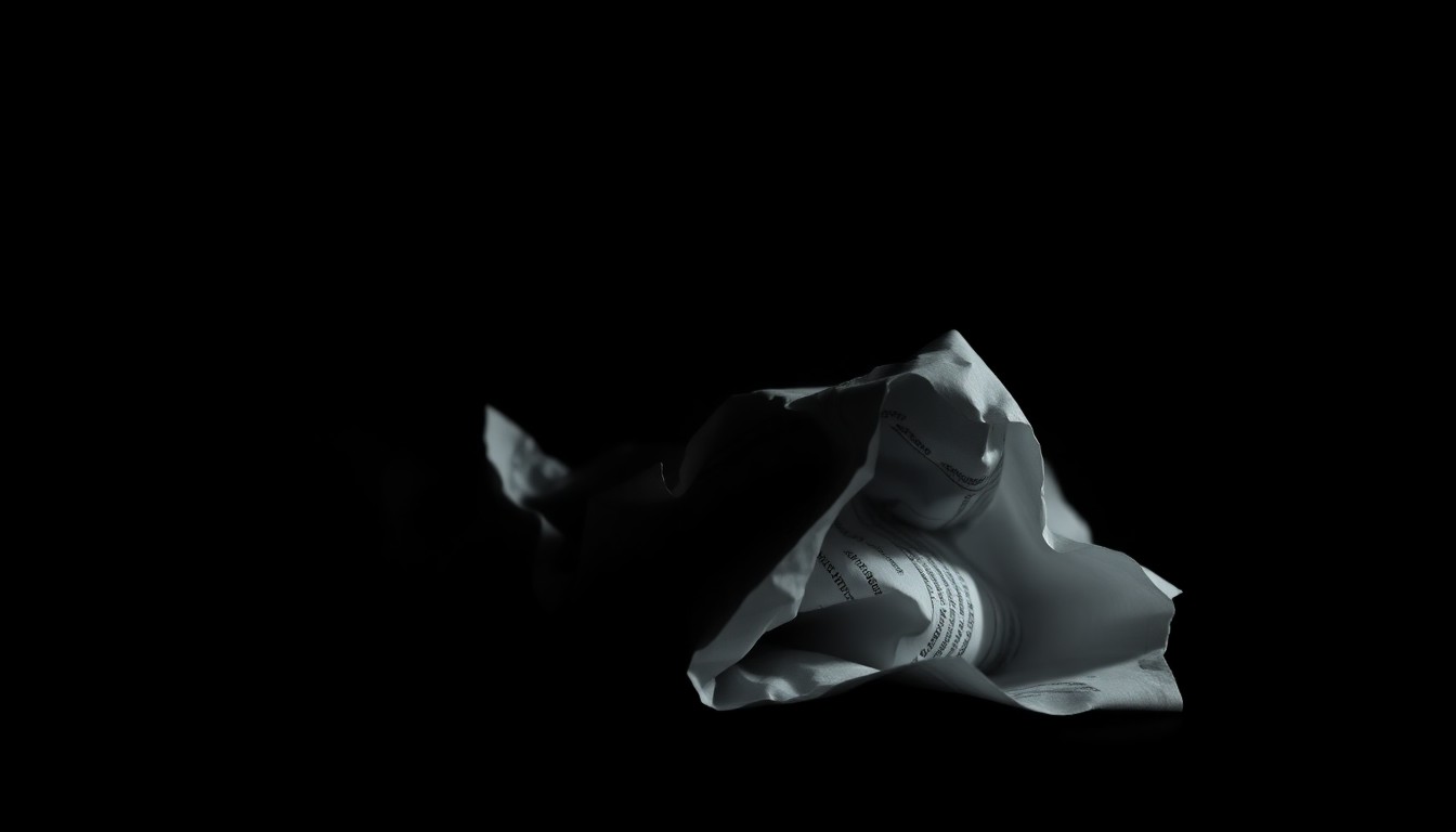 An extreme close-up of a crumpled financial document reflecting a harsh, direct camera flash, conceptually illustrating the investigative nature of a fraud case.