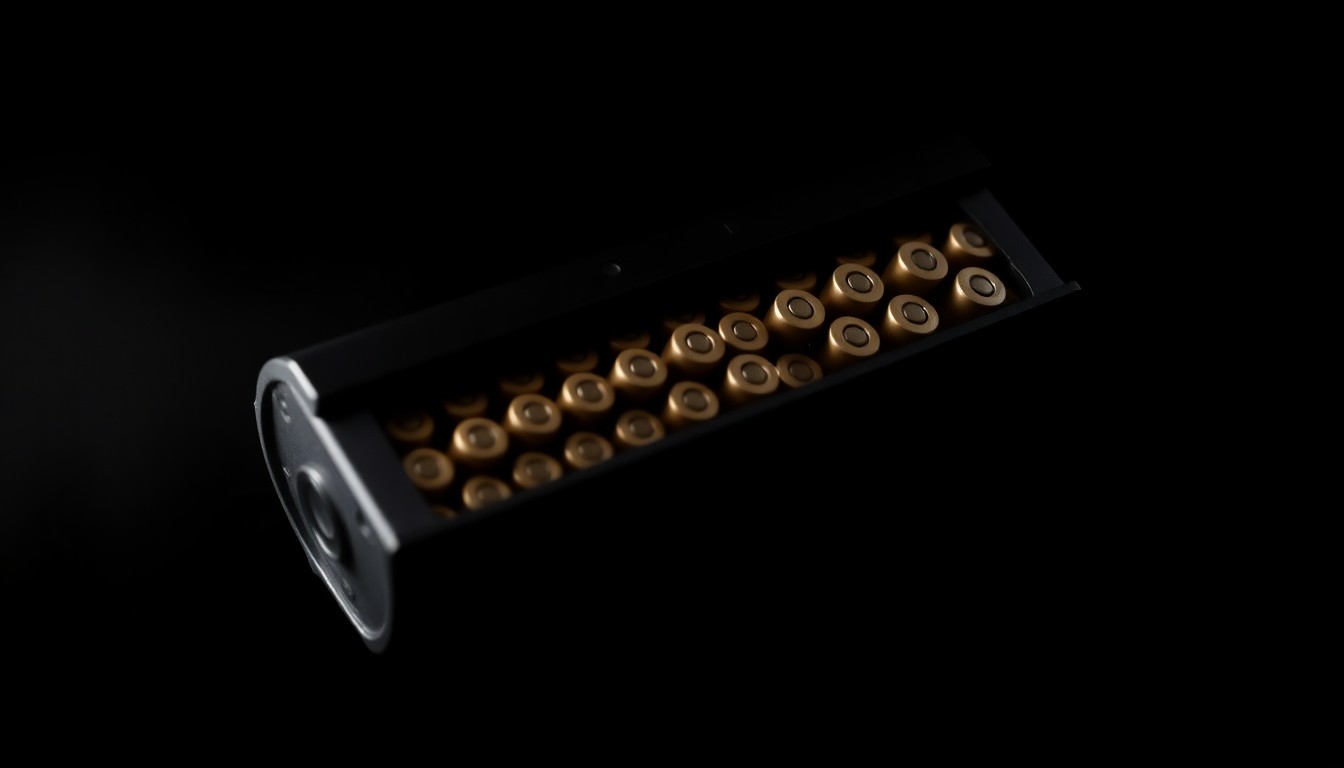 An extreme close-up of a handgun magazine loaded with ammunition, reflecting the harsh light of a camera flash against a dark background, conceptually representing the dangerous escalation of road rage confrontations.