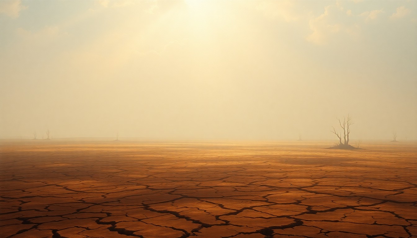 A vast, atmospheric landscape painting depicting a parched, cracked earth under a hazy, oppressive sky, conveying the mood of an extreme drought through the overwhelming, sublime scale of the natural world.