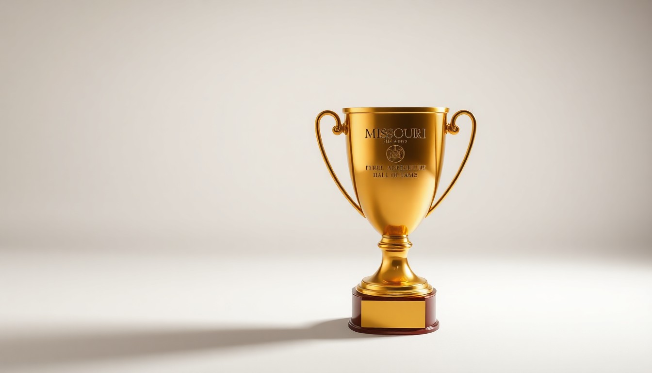 A close-up photograph of a gleaming golden trophy or award, symbolizing the prestigious Missouri Agriculture Hall of Fame induction and the achievements of the state's top farmers, ranchers, and agri-business professionals.