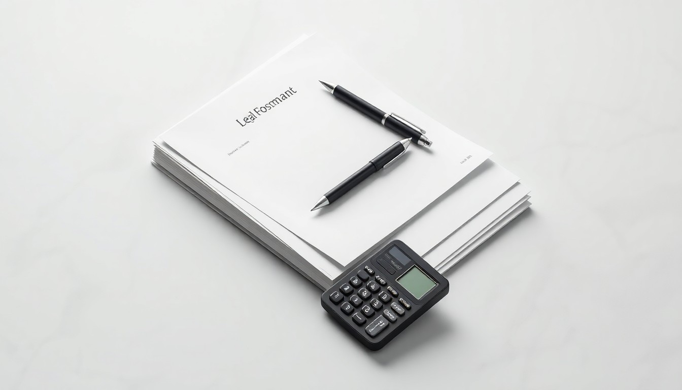 A minimalist studio still life photograph featuring a stack of legal documents, a pen, and a calculator on a clean, monochromatic background, conceptually representing the abstract themes of corporate strategy, finance, and legal proceedings.