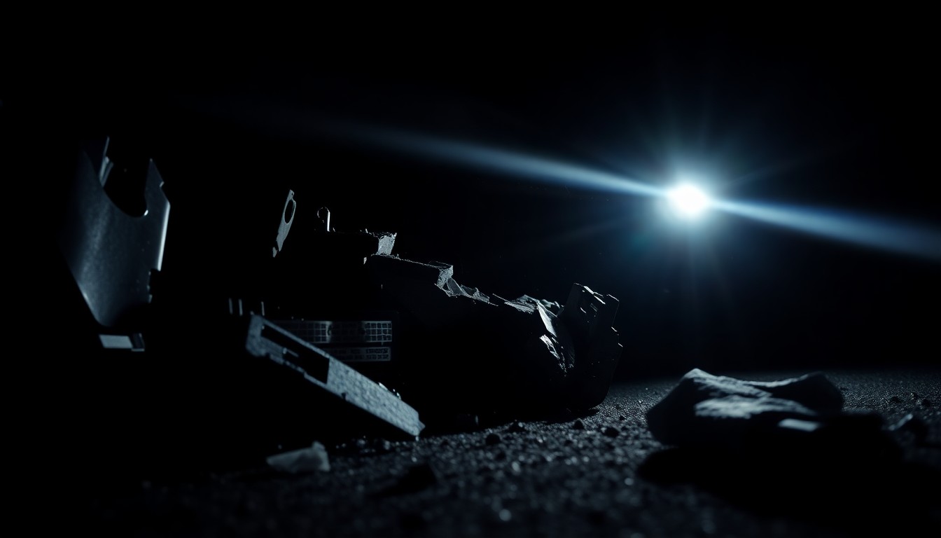 An extreme close-up photograph of a twisted, damaged car part reflecting harsh, direct lighting, conceptually illustrating the grim aftermath of a highway accident.